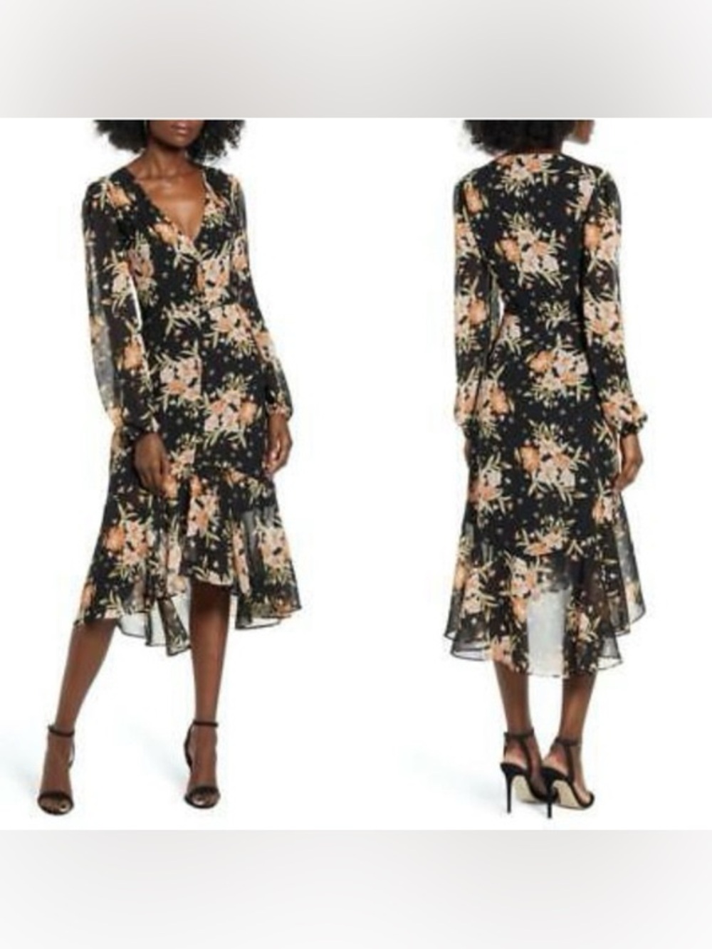 Leith Romantic Black Floral Long Sleeve Button-Front Midi Dress- Size S